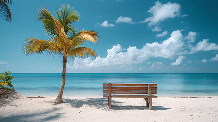 Palm tree on a beach with a bench