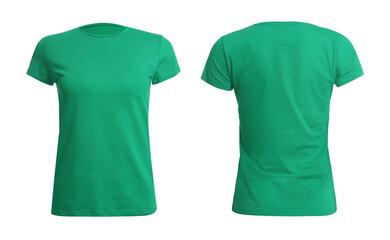 Green t-shirt with space for design isolated on white. Back and front views