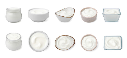 Fresh yogurt isolated on white, side and top views. Collage