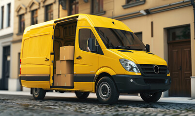 A yellow van moving boxes