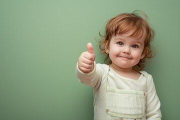 toddler gives thumbs up. He was wearing a white shirt and he was happy