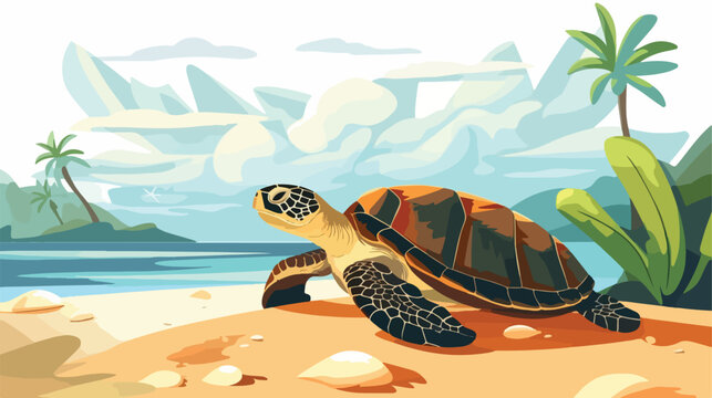 Sea turtle relax on beach cartoon flat vector isolated