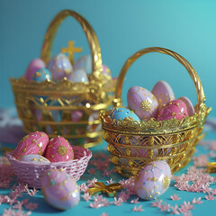 Two baskets with easter eggs,generative ai