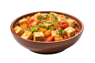 Tofu stir-fried with vegetables such as tomatoes, carrots and onions, topped with soup and served in a warm bowl. Focus on mellowness Isolated on a transparent background.