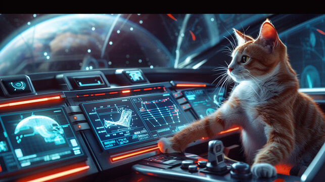 A space-traveling cat in a mini rocket, navigating through star charts on a futuristic dashboard