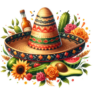 Mexican sombrero with flower illustration, Cinco de mayo Clipart