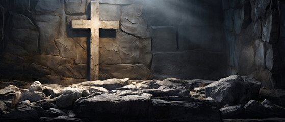 A holy cross and Jesus can be seen in a stone tomb. .. - obrazy, fototapety, plakaty