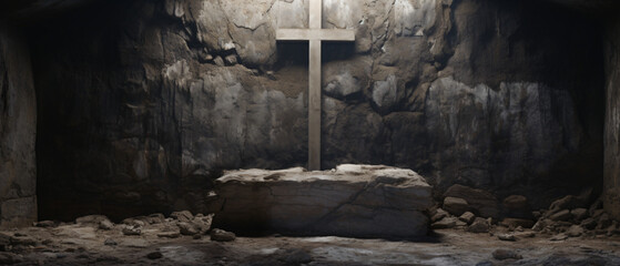 A holy cross and Jesus can be seen in a stone tomb. .. - obrazy, fototapety, plakaty