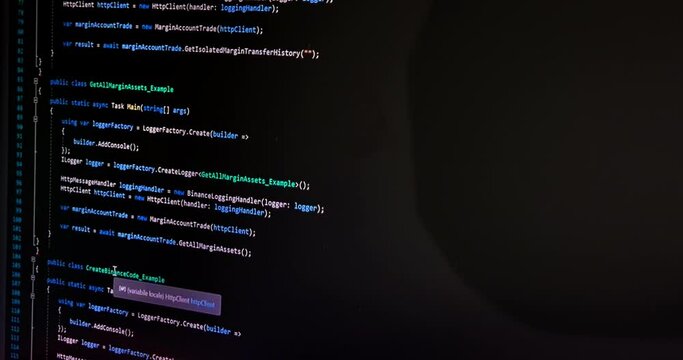 hacker scrolls program code on notebook computer, cyber security concept