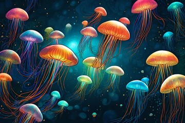 jellyfish in aquarium, Dive into a mesmerizing underwater world with glowing sea jellyfishes floating against a dark background in this neural network-generated art