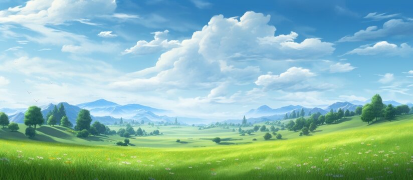 A beautiful natural landscape painting depicting a serene green field with trees, mountains, and a clear blue sky with fluffy cumulus clouds
