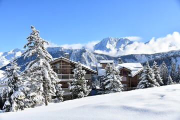 ski resort in the mountains with chalets and snowy trees 