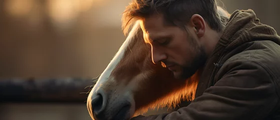 Tuinposter A man embracing a therapy horse symbolizing  © khan