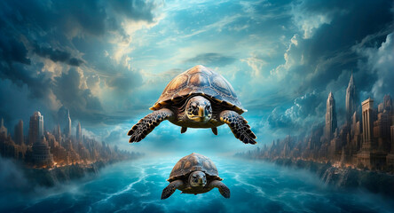 Surreal image giant turtle glides through clouds above a sleeping city, blurring reality and dreams