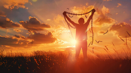 A silhouette of a person breaking chains against a sunset symbolizing freedom and liberation with rays of light casting hope - obrazy, fototapety, plakaty