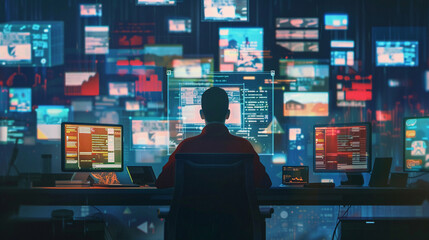 Business person seated at a desk surrounded by screens filled with overwhelming data and social media notifications expressing stress and overload in a high-tech office environment - obrazy, fototapety, plakaty