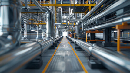 Detailed illustration of metallic pipelines and pipe racks crisscrossing in a dense network with the shimmering lights of a chemical hydrogen or ammonia plant at twilight