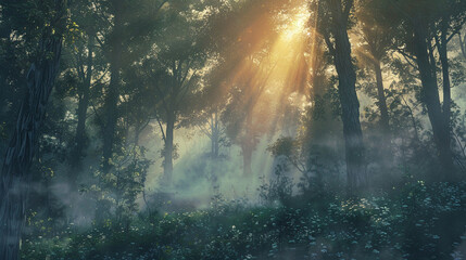 Ethereal sunrise peering through the dense forest light rays piercing the gentle fog unveiling the forest's awakening beauty