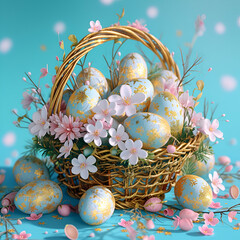 A basket full of easter eggs flowers blooming. generative ai