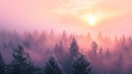 Majestic sunrise over a fog covered forest in the early morning 