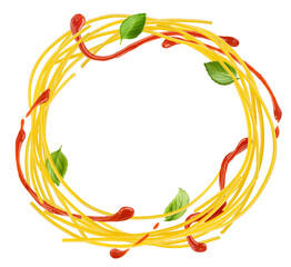 Spaghetti round frame, pasta ingredients isolated on white background - 756631488