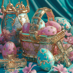 Easter basket with easter eggs, royal decor, generative ai