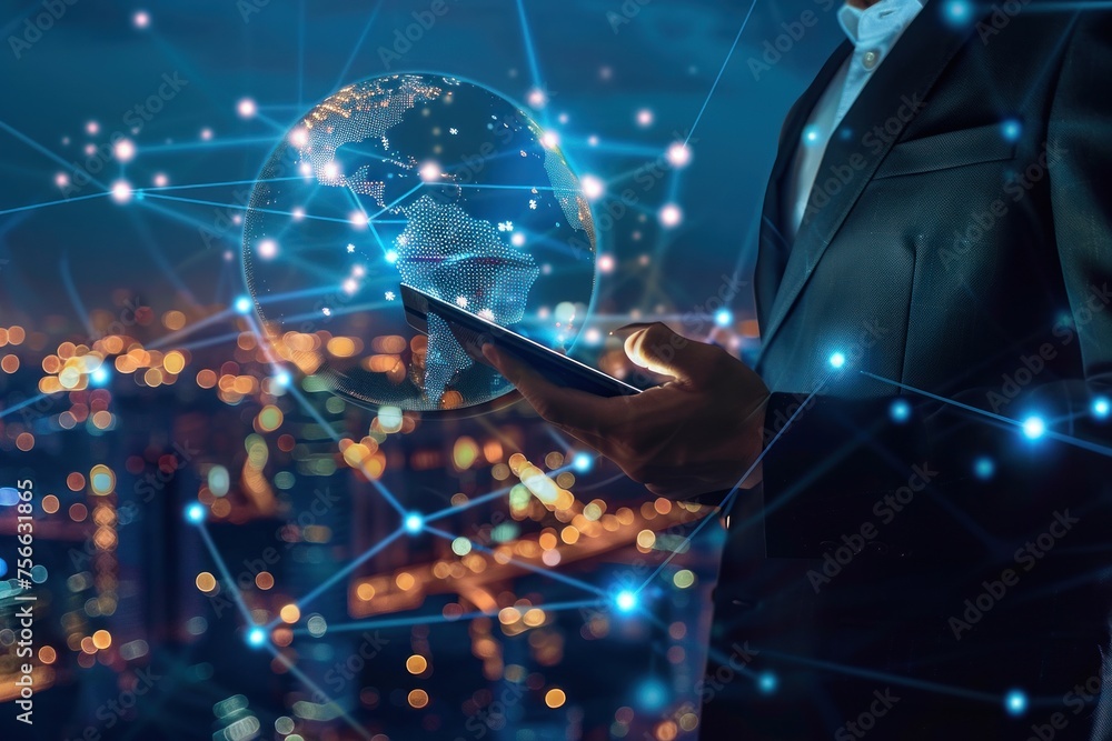 Poster man holding a tablet with a globe on it. a globe is surrounded by a network of lines, and a man stan