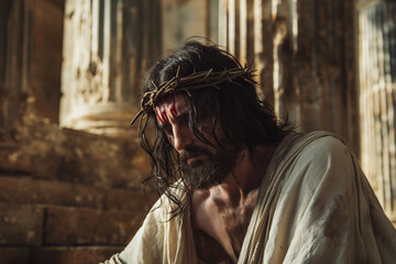 tortured sad Jesus Christ wearing a crown of thorns against the background of the Roman building of Pontius Pilate on the way to the cross for Easter, generative AI