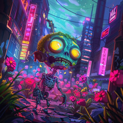 A whimsical world where a cute zombie roams a vibrant post-apocalyptic cityscape, illuminated by the surreal glow of neon flora. A blend of fantasy and decay.