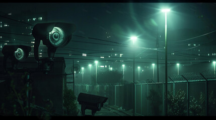 A nighttime scene illuminated by the glow of security floodlights, with CCTV cameras capturing...