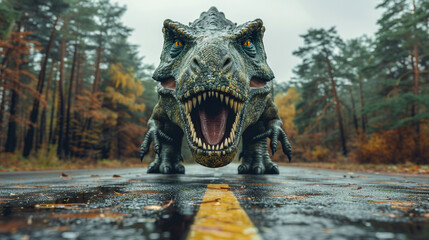 A fierce dinosaur roaring in the middle of a road surrounded by autumn trees in a forest