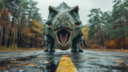 Foto op Plexiglas A fierce dinosaur roaring in the middle of a road surrounded by autumn trees in a forest © weerasak