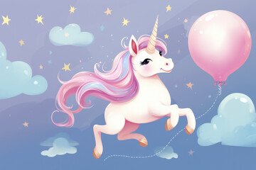 A unicorn is flying through the sky with a pink balloon