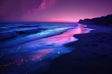 An alien beach where the sand sparkles with starlight and the ocean waves are a gentle gradient of cosmic colors perfect for surfing on light boards