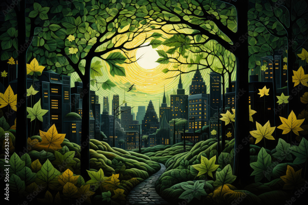 Poster a city is shown in the background with a path through a forest