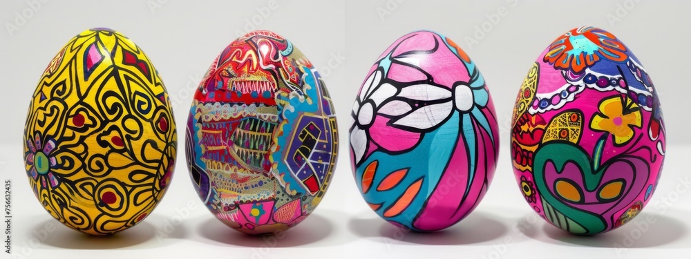 Poster a set of four easter eggs each painted with vibrant and colorful designs generative ai