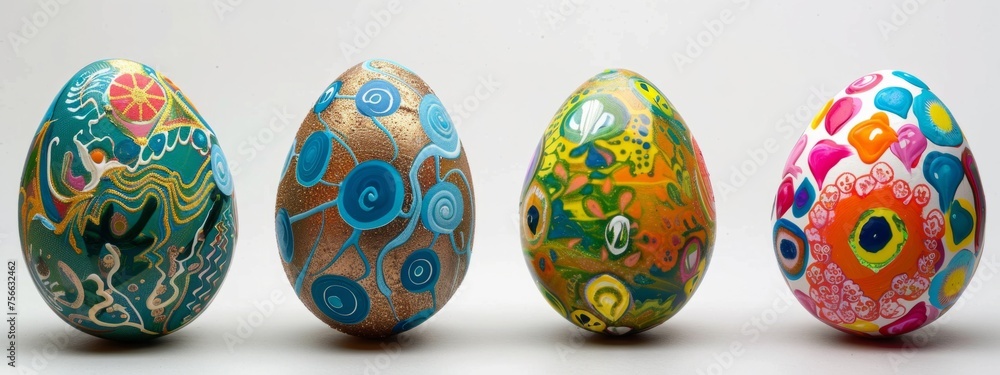 Poster 4 easter eggs each with colorful patterns and designs arranged in an elegant line against a white ba