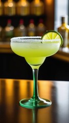 A glass with Pinot Colada cocktail stands on the bar counter, in a glass with clear ice and a slice of lime, the glass is fogged up from cold, drops of cold drink run down the glass. The drink has a