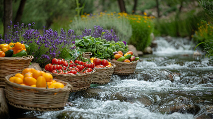 Beside a gently flowing lavender river a grill is flanked by baskets of fresh produce the vibrant colors of nature setting the stage for a serene meal