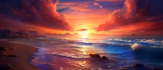 Fotobehang A spectacular sunset over the sea on a beach © khan