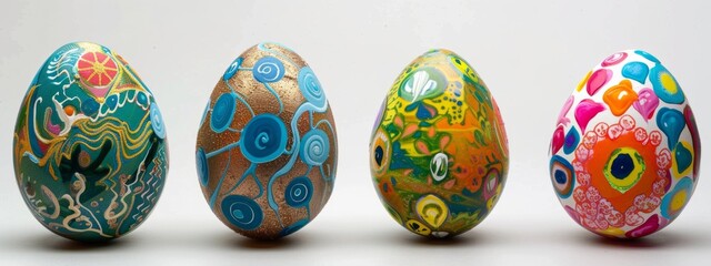 4 Easter eggs each with colorful patterns and designs arranged in an elegant line against a white background Generative AI