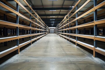 Fototapeta premium large empty warehouse with shelves and long aisles. empty distribution warehouse