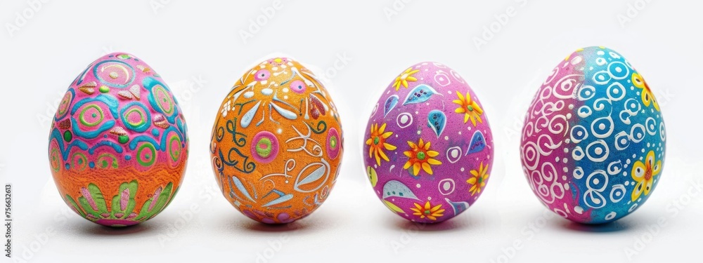 Poster a set of four colorful easter eggs with different patterns and designs arranged in a row on white ba