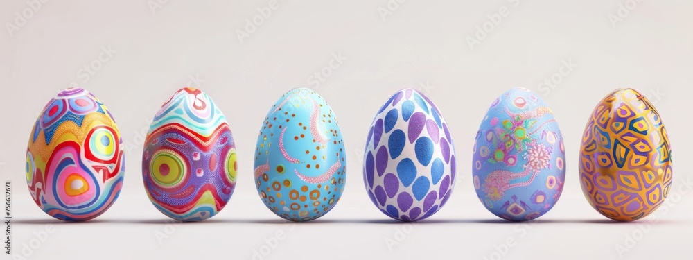Poster easter eggs, each with different colorful patterns and designs arranged in a row on a white backgrou
