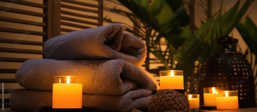 Aufkleber a stack of towels is displayed on top of a wooden table next to glowing candles, creating a cozy atm