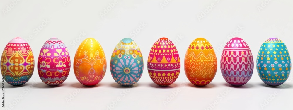 Poster a row of colorful easter eggs with intricate designs each egg displaying unique patterns and colors 