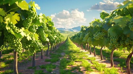 Fototapeta na wymiar Vineyard rows in a 3D cartoon animation, grapes ripening under the sun