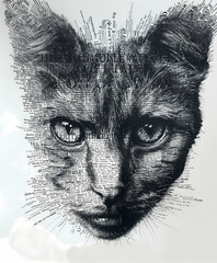Portrait d'un chat créé avec une technique où les traits du visage et les textures du pelage sont composés de texte imprimé, découpé dans des pages de livres.