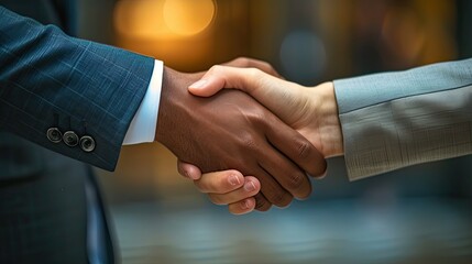 Business people shaking hands, finishing up a meeting or negotiation. Close-up Handshake between two professionals, symbolizing a mutually beneficial partnership.  - obrazy, fototapety, plakaty