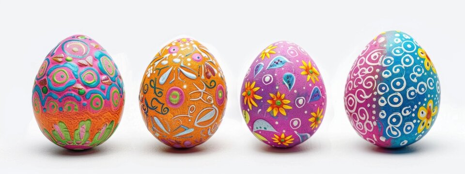 A set of four colorful Easter eggs with different patterns and designs arranged in a row on white background Generative AI